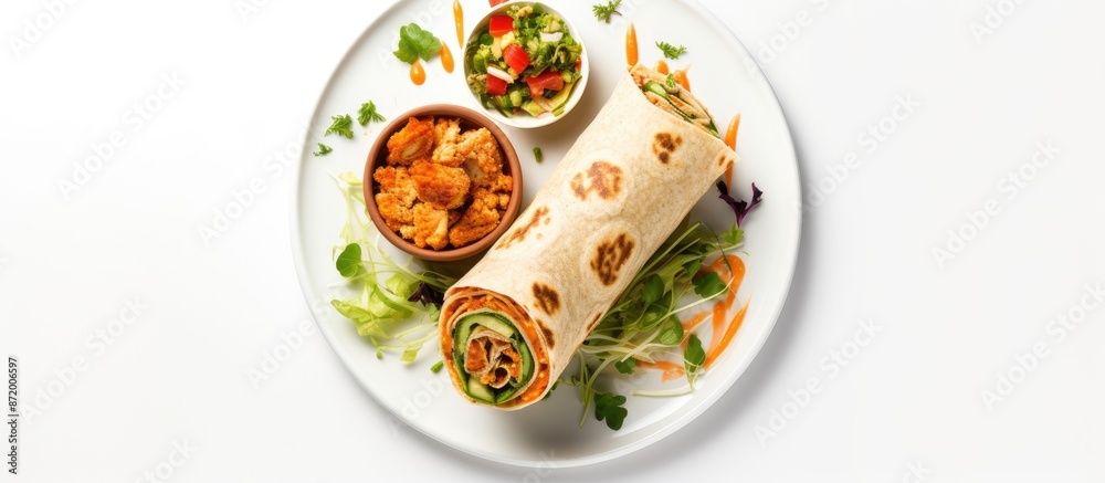 Poster a tortilla roll filled with fish fingers, cheese, and veggies on a plate against a white backdrop in