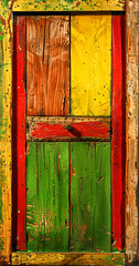 Colorful rustic wooden door with peeling paint