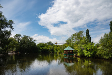 Fototapeta premium View of a turquoise bay, trees and residential houses in the