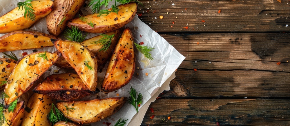 Poster top-down view of salted and dilled potato wedges on white paper against a background of dark wood, w