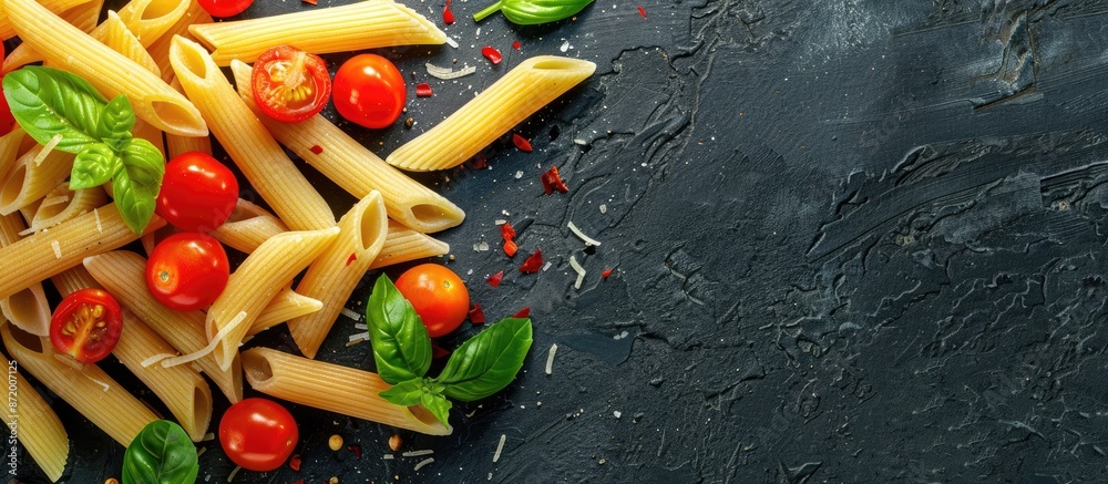 Poster A top-down shot of penne rigate pasta with cherry tomatoes and basil on a dark, textured background, featuring a designated area for text and allowing for customization with a copy space image.