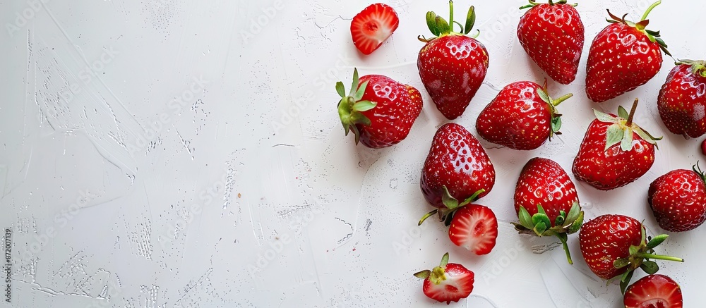Poster fresh strawberries with bite marks, set on a white background, offer ample copy space image.