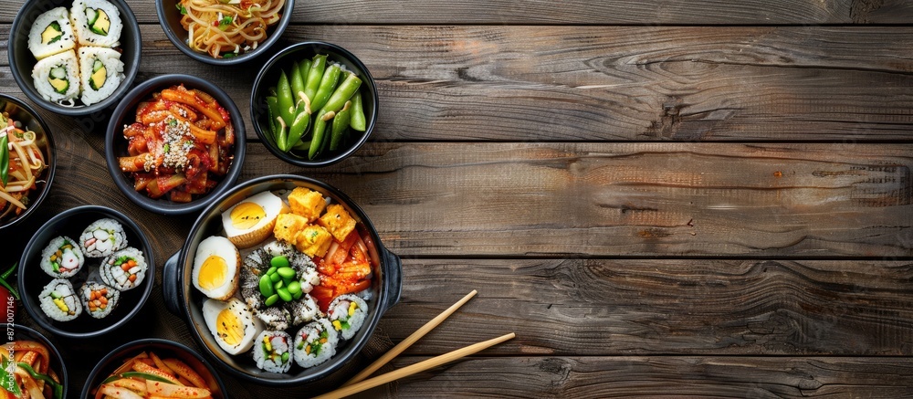 Poster aerial view of korean side dishes in bowls beside chopsticks and gimbap on a wooden table with copy 