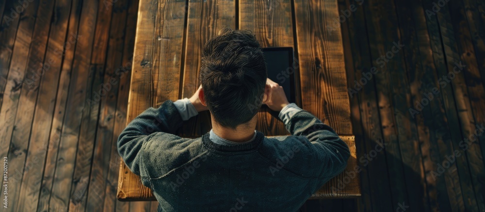 Leinwandbilder a man sitting at a wooden table viewed from the top, using a digital tablet with a close-up shot sho