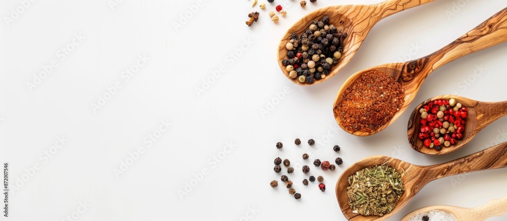 Aufkleber wooden spoons with spices and seasonings on a white background with room for text in the image.