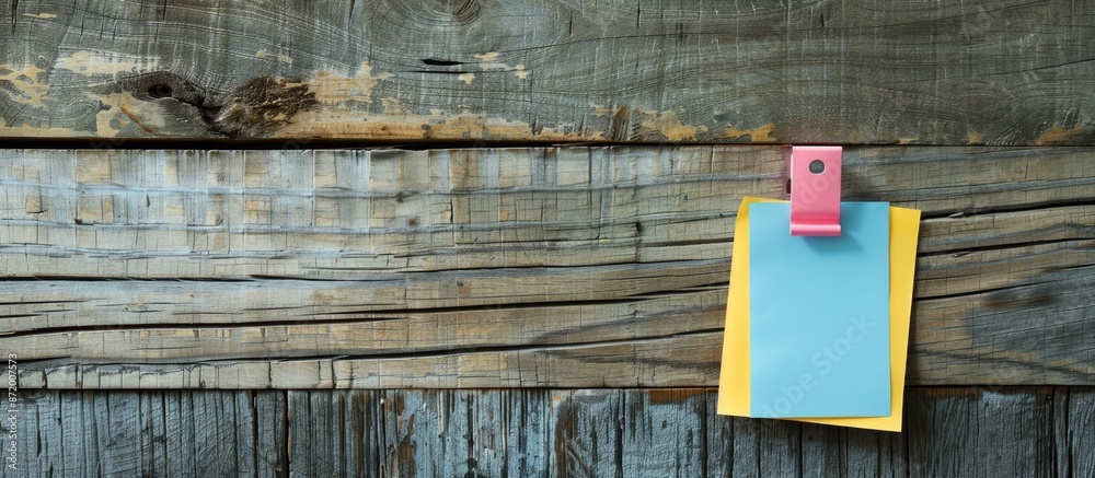 Poster education and business-themed reminder note paper displayed on a wooden background with a clip for a
