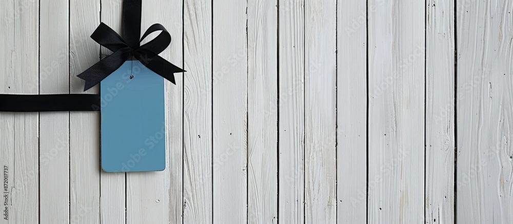 Poster white wooden background with an empty blue label and black ribbon for your text or advertisement in 