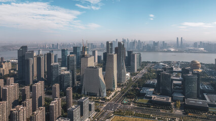 Fototapeta premium Modern City Skyline with Futuristic Buildings and River
