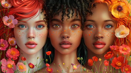 Obraz premium Floral and Diverse Women's Portraits Celebrating International Women's Day