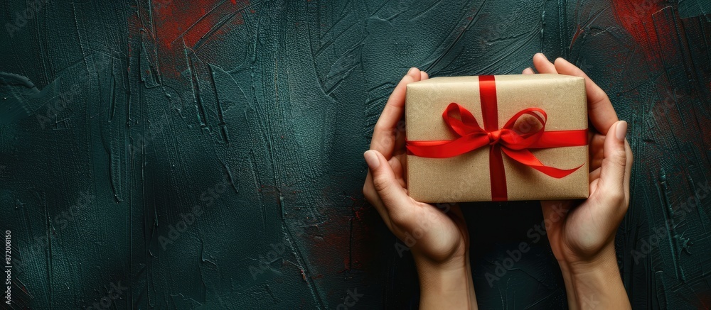 Aufkleber Hands cradling a gift box wrapped in craft paper and tied with a red ribbon, against a background suitable for adding other elements, like a message or logo - copy space image.