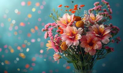 bouquet of flowers on green background, confetti happy mother s day international womens day birthday concept.stock photo