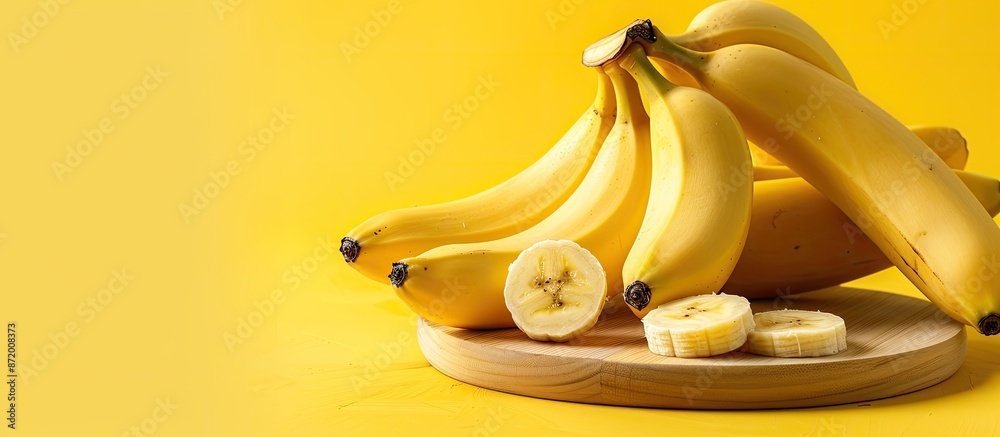 Poster A cluster of bananas and a sliced banana on a wood board isolated on a yellow backdrop with a copy space image.