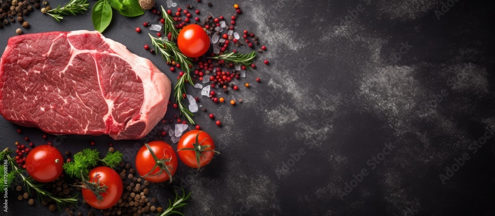 Aufkleber a succulent uncooked beefsteak being prepared in a kitchen, with basil leaves, tomatoes, and spices 