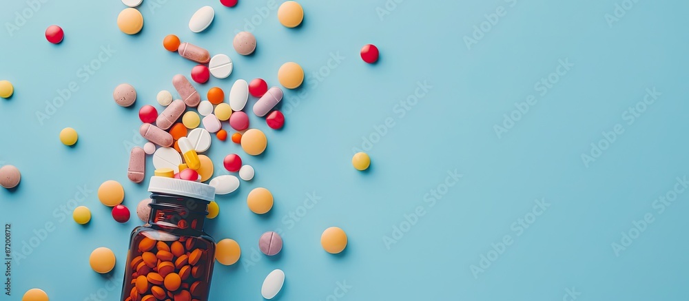 Poster colorful tablets and capsules scattered from a pill bottle in a top view, showcasing an arrangement 