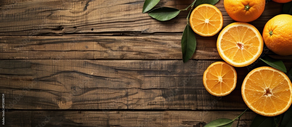Poster Fresh whole and sliced oranges arranged on a wooden backdrop from a top perspective, with room for additional elements in the image.