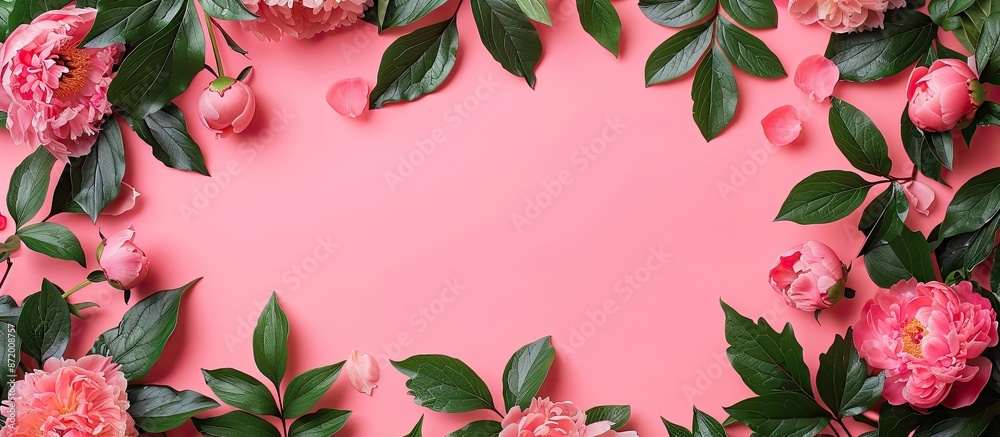 Aufkleber Peony flowers and green leaves arranged on a soft pink backdrop create a greeting card theme featuring a copy space image.
