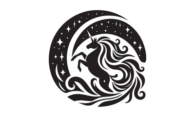 unicorn, Magic unicorn silhouette, Silhouette of a flying unicorn, Unicorn head circle tattoo illustration, horses tattoo. Black unicorn silhouette vector style and white background