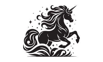 unicorn, Magic unicorn silhouette, Silhouette of a flying unicorn, Unicorn head circle tattoo illustration, horses tattoo. Black unicorn silhouette vector style and white background