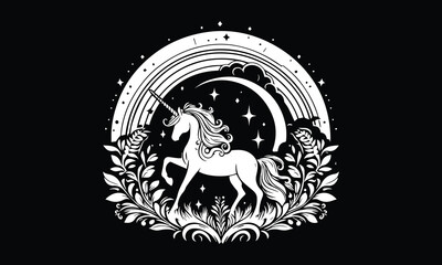 unicorn, Magic unicorn silhouette, Silhouette of a flying unicorn, Unicorn head circle tattoo illustration, horses tattoo. Black unicorn silhouette vector style and white background