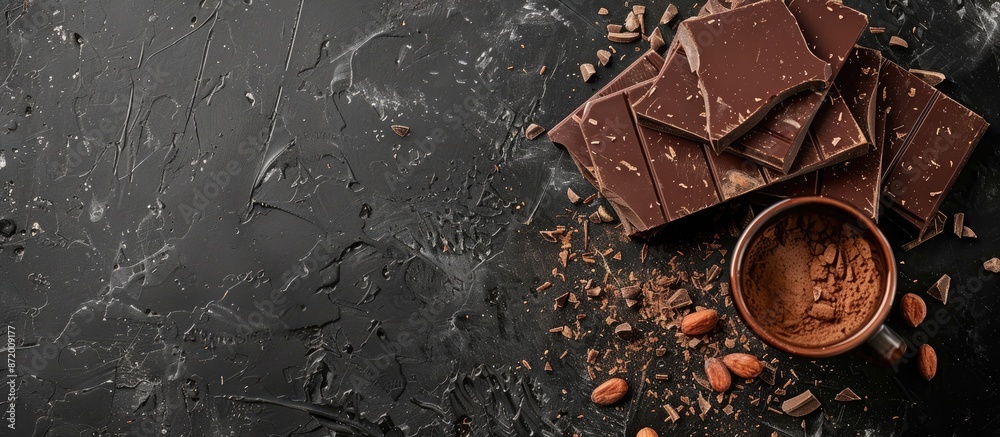 Poster close-up of a pile of dark chocolate with nut pieces on a black surface with a cup of cacao and a co