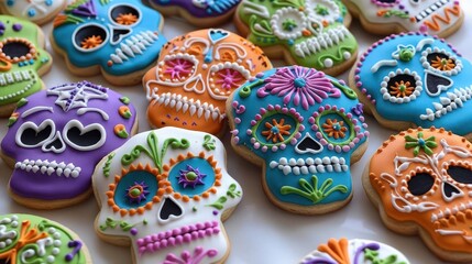 Day of the Dead sugar skull cookies, Halloween dessert, colorful and intricate,