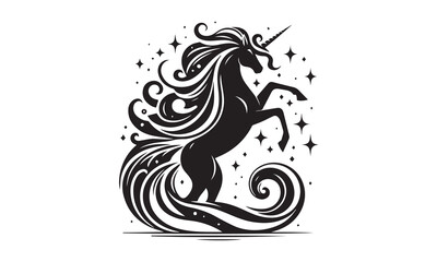 unicorn, Magic unicorn silhouette, Silhouette of a flying unicorn, Unicorn head circle tattoo illustration, horses tattoo. Black unicorn silhouette vector style and white background