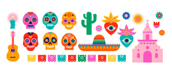 Day of the Dead, Dia de los Muertos, Collection of elements, icons for Mexican holiday. Vector poster, banner and card in modern geometrical style, with skulls, church, guitar and flowers
