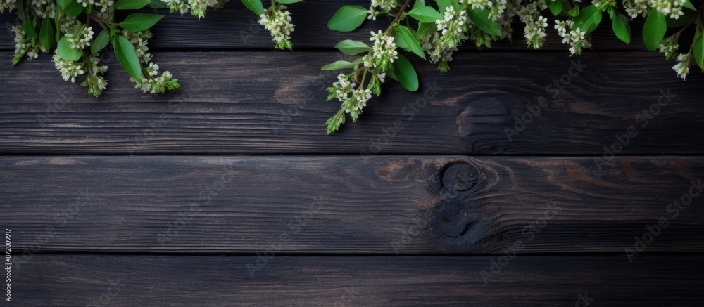 Poster top view of spring branches with small green leaves on a dark wooden background, creating a visually