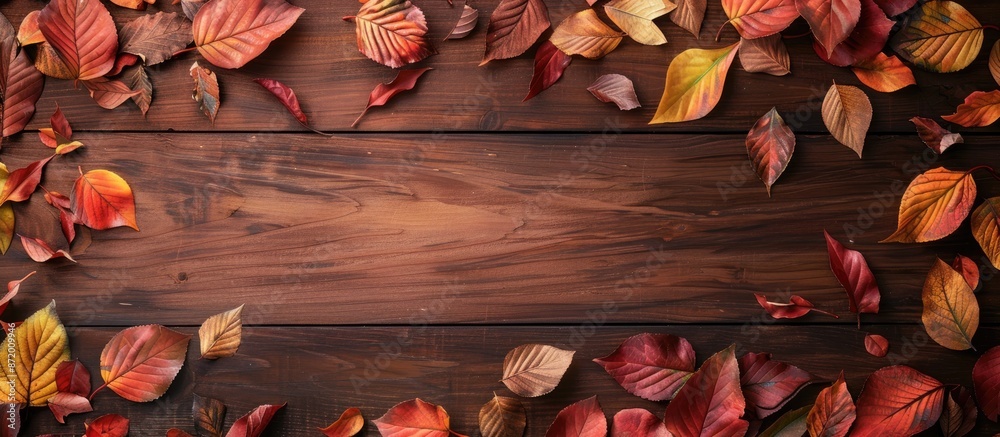 Leinwandbilder a background composition featuring colorful leaves on brown wooden boards with copy space image for 