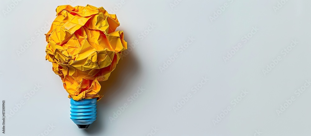 Aufkleber crumpled colored paper shaped like a yellow light bulb on a white background with a copy space image