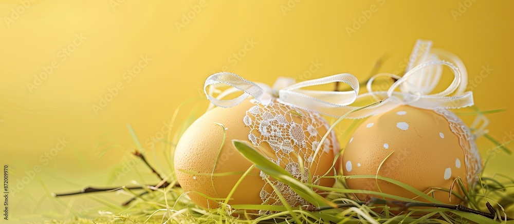 Poster easter decoration featuring two yellow eggs adorned with lace ribbons nestled in green grass twigs o