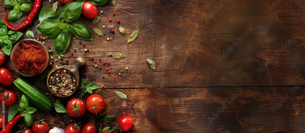 Poster fresh vegetables and spices arranged on a wooden surface with copy space image available.