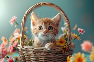 Cute Kitten in a Basket of Flowers