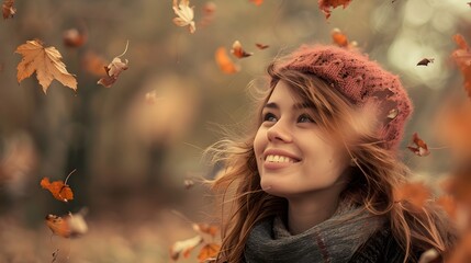 Fototapeta premium Young woman enjoying the autumn forest smiling with carefree joy. 