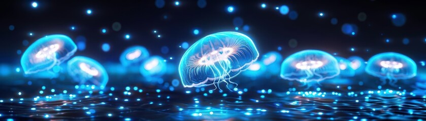 Obraz premium A mesmerizing underwater scene featuring glowing jellyfish illuminated against a dark background, creating a magical and serene ambiance.