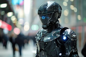 A futuristic robot, wearing a black helmet and suit, stands in an urban environment