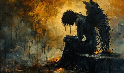 fallen angel, dark wings painting.stock photo