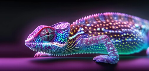 Obraz premium A vibrant, colorful chameleon illuminated with neon lights against a dark background, showcasing its vivid patterns and unique textures.