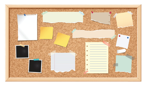 Notice board. Corkboard, noticeboard with blank ripped paper notes for message, memo pined stickers and photo frames. Information office wall border vector illustration.