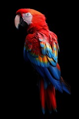 Fototapeta premium A stunning scarlet macaw parrot displaying vibrant red, blue, and yellow feathers, known for its striking appearance and playful nature, set against a contrasting black backdrop