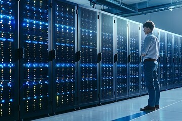 Male technician in data center wearing blue shirt and jeans, standing confidently in front of server racks illuminated with blue lights. He is looking at the camera with arms crossed
