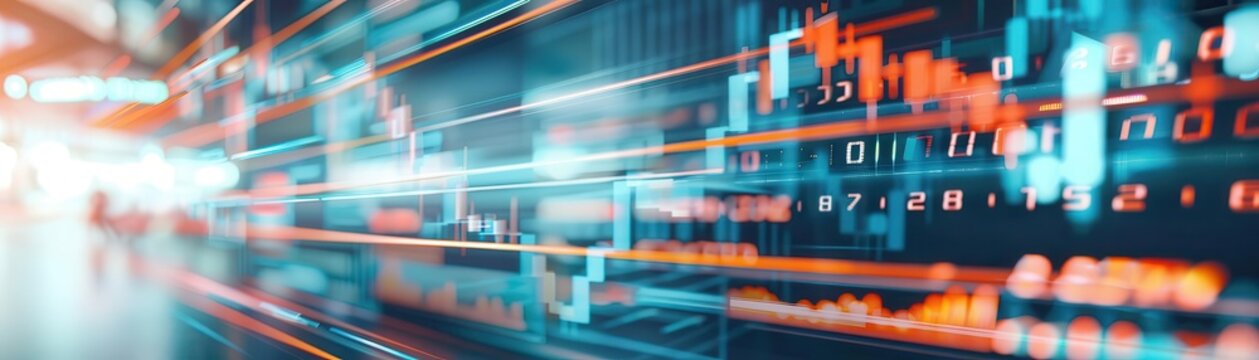 Binary code and numbers in blue and orange hues against a dark background.