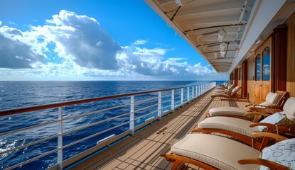 Fototapeta premium A luxury cruise ship deck with lounge chairs and a blue sky