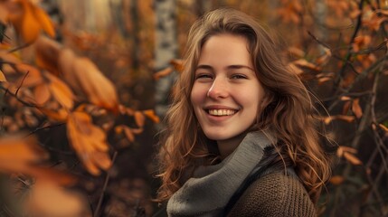 Young woman enjoying the autumn forest smiling with carefree joy. 