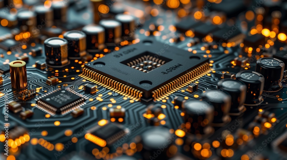 Poster A close-up shot of a microchip on a circuit board, showcasing the intricate details of the electronic components.