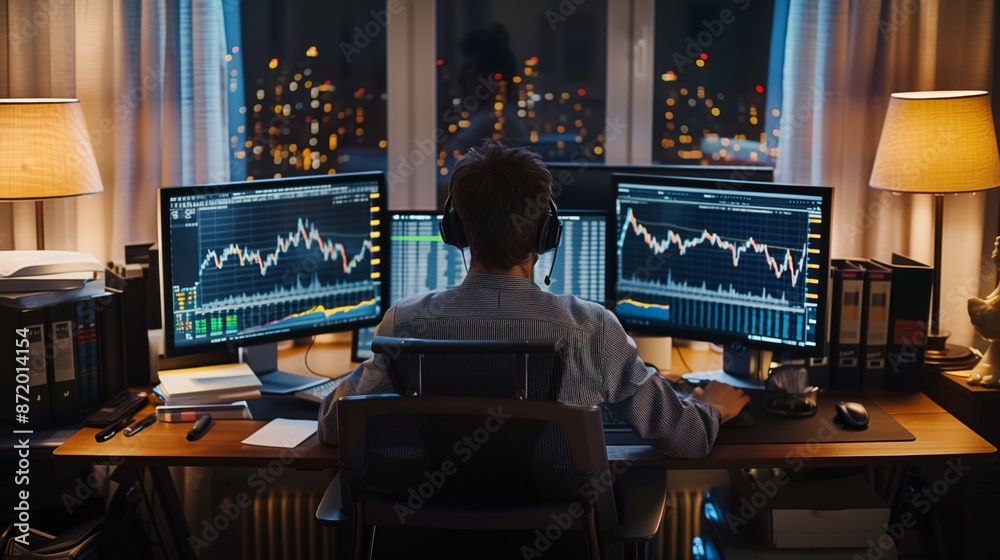 Leinwandbilder A trader works late at night, monitoring stock charts displayed on multiple computer monitors.