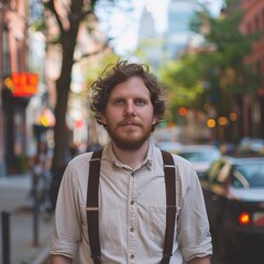 Fototapeta premium A young man with a beard and curly hair is standing on a city street. He is wearing a button-up shirt and suspenders. The background is blurry, with trees and buildings out of focus