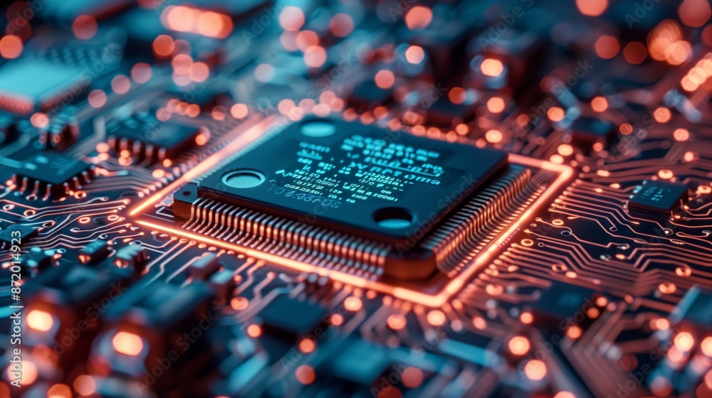 Poster A close-up image of a computer chip on a circuit board, illuminated by a warm, red glow. The intricate details of the chip and the surrounding circuitry are visible.