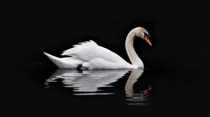 Fototapeta premium A single white swan swims gracefully across a dark, still water surface