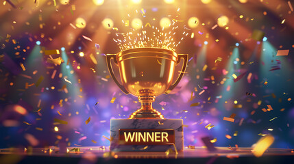 Majestic Golden Trophy on Marble Pedestal with Celebratory Confetti